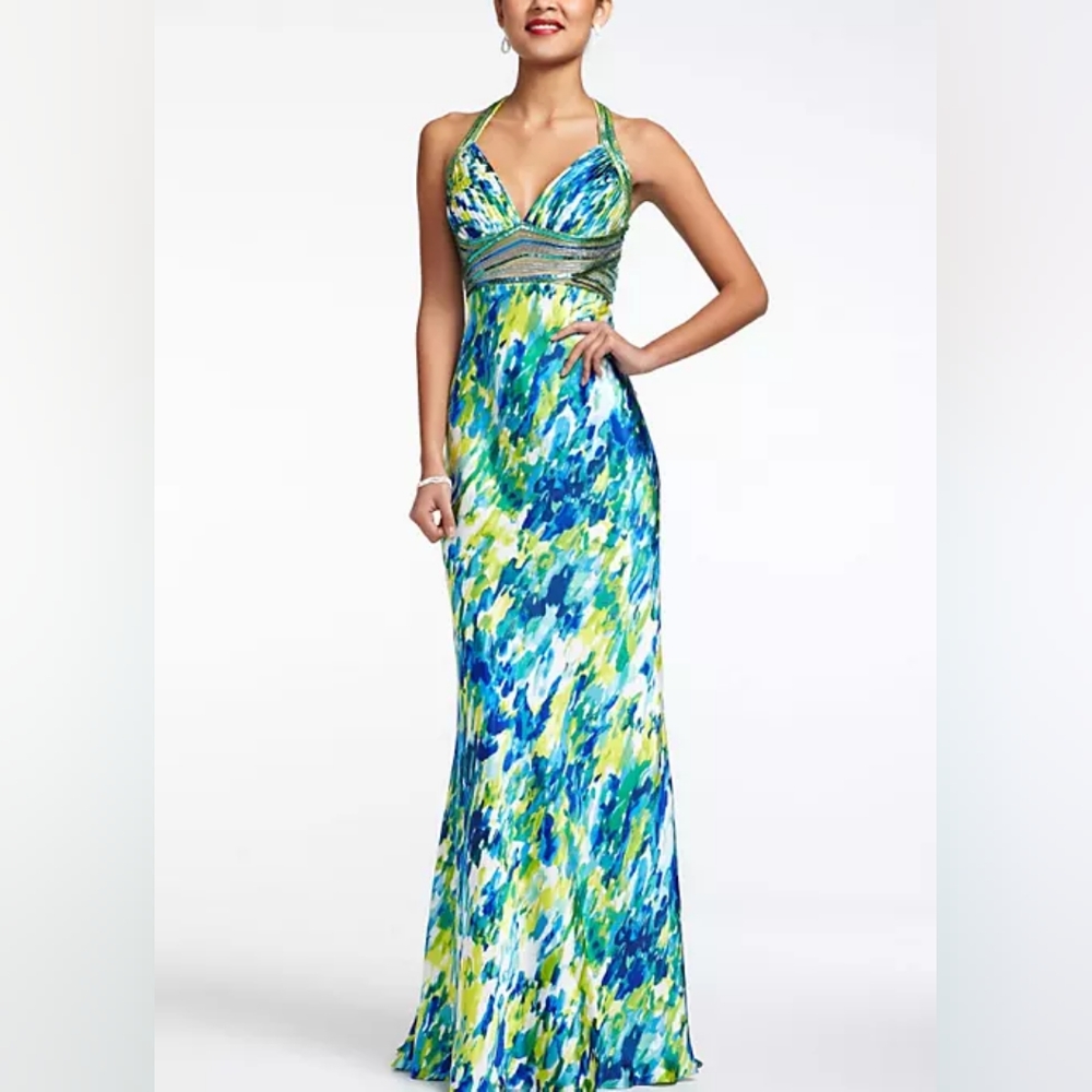 Cachet Floral Embellished Maxi Prom Dress Women's Sz 4 Vibrant Blue Green Yellow